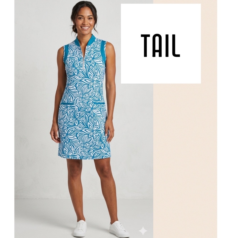 Tail Activewear Golf Dress Women Large Teal White Floral Quarter Zip UPF 50 L